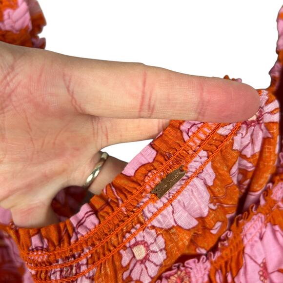 Free People Bohemian Pink Orange Floral Balloon Sleeve Blouse XL - Picture 6 of 7
